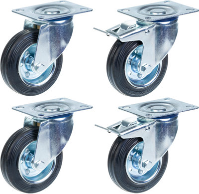 Parnells 100mm 4" Castor Rubber TyreSwivel & BrakeStrong 360Kg CapacitySet Of 4 from B&Q