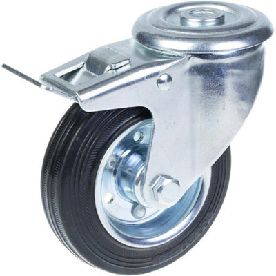 B&Q -  100mm Swivel/brake Castor With Black Rubber On Pressed Steel Centre Wheel