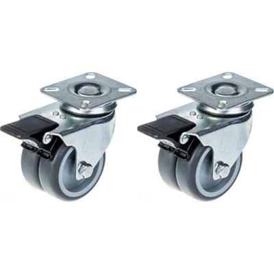 B&Q -  75mm 3" Twin Wheel Castor Grey Rubber Swivel With Brake 200Kg CapacitySet Of 2