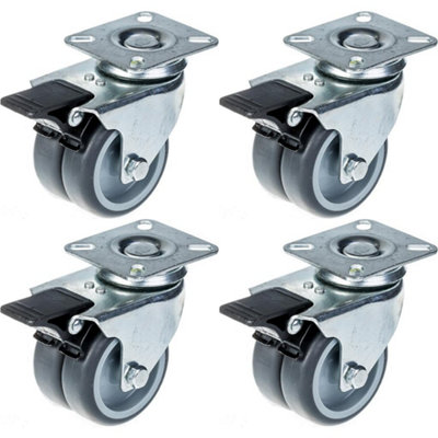 B&Q -  75mm 3" Twin Wheel Castor Grey Rubber Swivel With Brake 400Kg CapacitySet Of 4