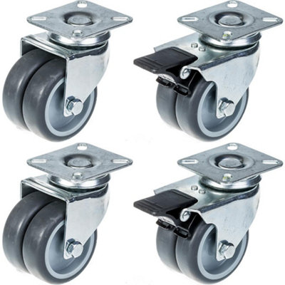 B&Q -  75mm 3" Twin Wheel Castor Grey Rubber Swivel & Brake 400Kg CapacitySet Of 4