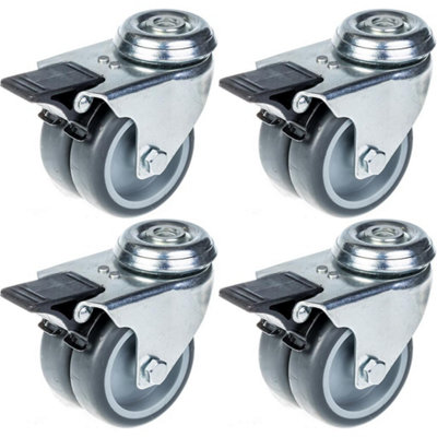 B&Q -  75mm 3" Twin Wheel Castor Grey Rubber Swivel With Brake 400Kg CapacitySet Of 4