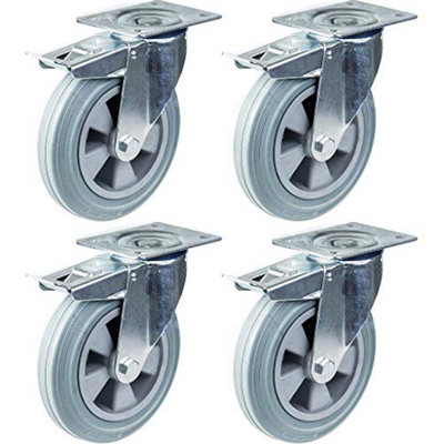 Parnells 200mm 8" Castor Grey Rubber Swivel With Brake Strong 820Kg CapacitySet Of 4 from B&Q