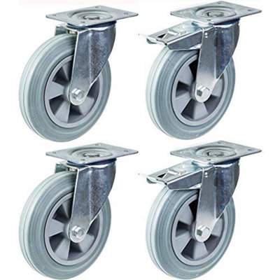 Parnells 200mm 8" Castor Grey Rubber Tyre Swivel & Brake Strong 820Kg CapacitySet Of 4 from B&Q