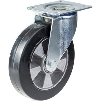 B&Q -  200mm Swivel Castor With Black Elastic Rubber On Aluminium Centre Wheel