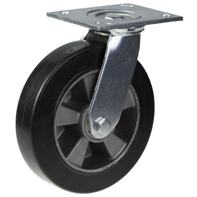 B&Q -  200mm Swivel Castor With Black Elastic Rubber On Aluminium Centre Wheel