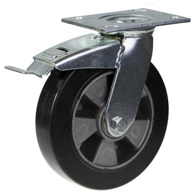 B&Q -  200mm Swivel/brake Castor With Black Elastic Rubber On Aluminium Centre Wheel