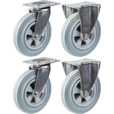 Parnells 200mm 8" Stainless Steel Castor Grey RubberSwivel & Fixed820KgSet Of 4 from B&Q