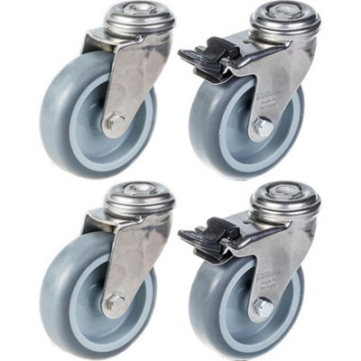 Parnells 75mm 3" Stainless Steel Castor Grey RubberSwivel & Brake240KgSet Of 4 from B&Q