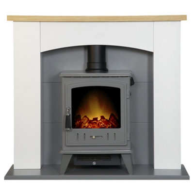 B&Q -  Huxley In Pure White & Grey With Aviemore Electric Stove In Grey Enamel39 Inch