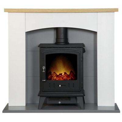B&Q -  Huxley In Pure White & Grey With Aviemore Electric Stove In Black39 Inch