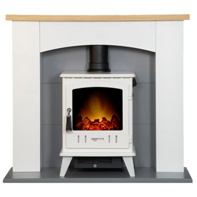 B&Q -  Huxley In Pure White & Grey With Aviemore Electric Stove In White Enamel39 Inch