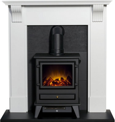 B&Q -  Harrogate Stove Fireplace In Pure White & Black With Hudson Electric Stove In Black39 Inch