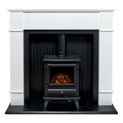 Adam Oxford Stove Fireplace In Pure With Hudson Electric Stove In 48 Inch White/Black