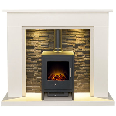 Acantha Miramar White Marble Stove Fireplace With Downlights & Bergen Electric Stove In Charcoal Grey54 Inch from B&Q