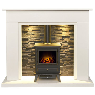 Acantha Miramar White Marble Stove Fireplace With Downlights & Hudson Electric Stove In Black54 Inch from B&Q