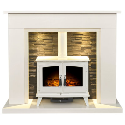 Acantha Miramar White Marble Stove Fireplace With Downlights & Woodhouse Electric Stove In White54 Inch from B&Q
