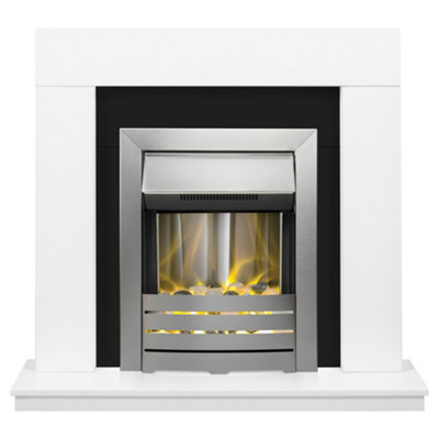 Adam Malmo Fireplace In White & Black/White With Helios Electric Fire In Brushed Steel, 39 Inch White/Black