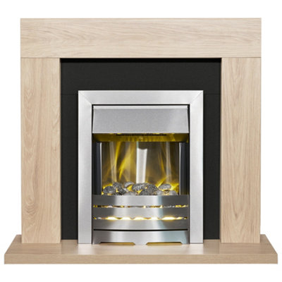 Adam Malmo Fireplace In Oak & With Helios Electric Fire In Brushed Steel, 39 Inch Black