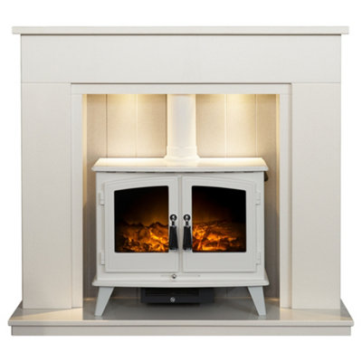 Acantha Larissa White & Grey Marble Stove Fireplace With Downlights & Woodhouse Electric Stove In White48 Inch from B&Q