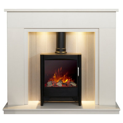 Acantha Larissa White & Grey Marble Stove Fireplace With Downlights & Keston Electric Stove In Black48 Inch from B&Q
