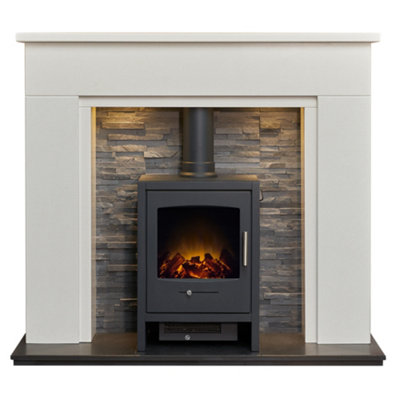 Acantha Rimini White Marble Fireplace With Downlights & Bergen Electric Stove In Charcoal Grey48 Inch from B&Q