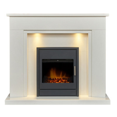 Acantha Maine White Marble Fireplace With Downlights & Alta Electric Inset Stove In Black48 Inch from B&Q