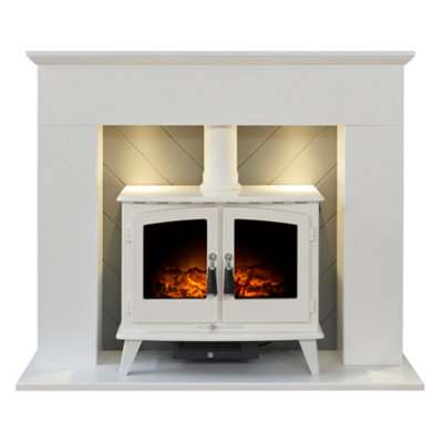 Adam Corinth Stove Fireplace In Pure & With Downlights & Woodhouse Electric Stove In Pure 48 Inch White/Grey