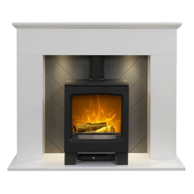 Adam Corinth Stove Fireplace In Pure & With Downlights & Lunar Electric Stove In Charcoal 48 Inch White/Grey