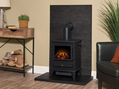B&Q -  Tile & Hearth Set In Bronze Venetian Plaster Effect With Hudson Stove & Angled Pipe