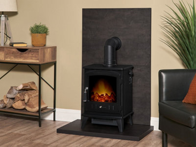 B&Q -  Tile & Hearth Set In Bronze Venetian Plaster Effect With Black Aviemore Stove & Pipe