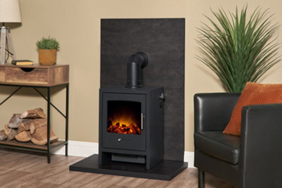 B&Q -  Tile & Hearth Set In Bronze Venetian Plaster Effect With Bergen Stove & Angled Pipe
