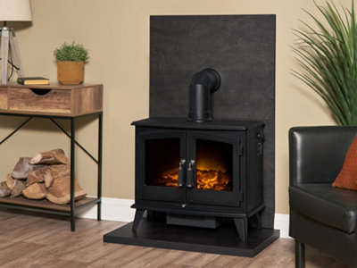 B&Q -  Tile & Hearth Set In Bronze Venetian Plaster Effect With Woodhouse Stove & Angled Pipe
