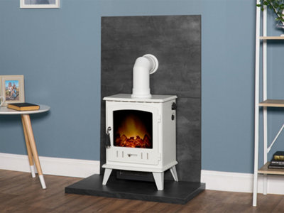B&Q -  Tile & Hearth Set In Slate Venetian Plaster Effect With White Aviemore Stove & Angled Pipe