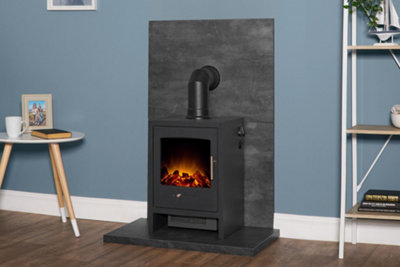 B&Q -  Tile & Hearth Set In Slate Venetian Plaster Effect With Bergen Stove & Angled Pipe
