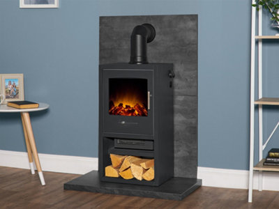 B&Q -  Tile & Hearth Set In Slate Venetian Plaster Effect With Bergen Xl Stove & Angled Pipe