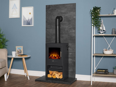 B&Q -  Tile & Hearth Set In Slate Venetian Plaster Effect With Bergen Xl Stove & Tall Angled Pipe