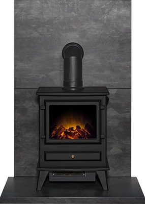 B&Q -  Tile & Hearth Set In Slate Venetian Plaster Effect With Hudson Stove & Angled Pipe