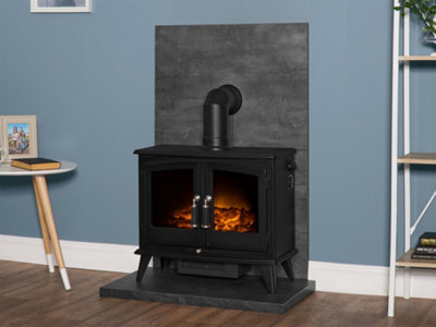 B&Q -  Tile & Hearth Set In Slate Venetian Plaster Effect With Woodhouse Stove & Angled Pipe