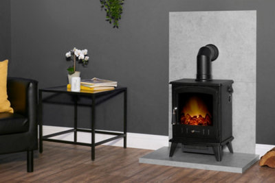B&Q -  Tile & Hearth Set In Concrete Effect With Black  Aviemore Stove & Angled Pipe