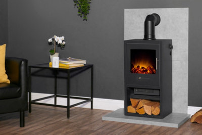 B&Q -  Tile & Hearth Set In Concrete Effect With Bergen Xl Stove & Angled Pipe