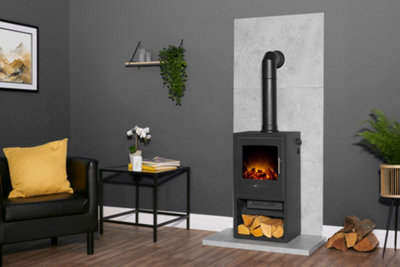 B&Q -  Tile & Hearth Set In Concrete Effect With Bergen Xl Stove & Tall Angled Pipe