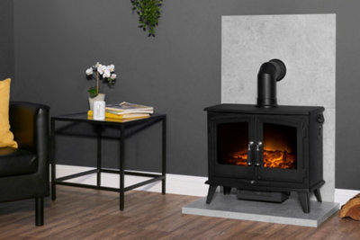 B&Q -  Tile & Hearth Set In Concrete Effect With Woodhouse Stove & Angled Pipe