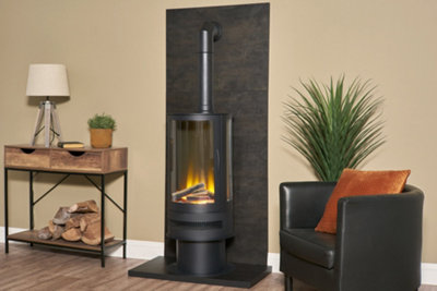 B&Q -  Tile & Hearth Set In Bronze Venetian Plaster Effect With Orbit Cylinder Stove & Tall Angled Pipe