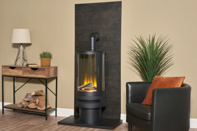 B&Q -  Tile & Hearth Set In Bronze Venetian Plaster Effect With Orbit Cylinder Stove & Angled Pipe