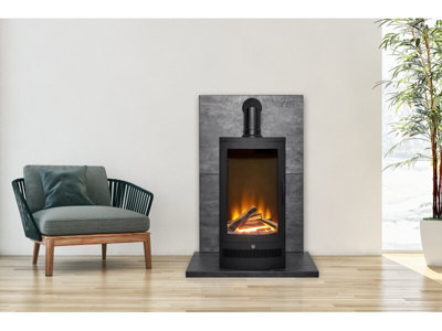 Acantha Tile & Hearth Set In Slate Effect With Horizon Stove & Angled Pipe Black