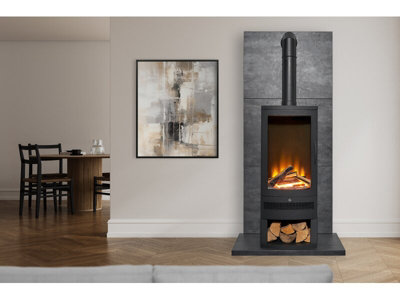 Acantha Tile & Hearth Set In Slate Effect With Horizon Stove & Tall Angled Pipe Black
