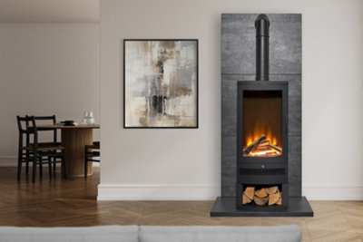 B&Q -  Tile & Hearth Set In Slate Effect With Horizon Stove & Log Storage & Tall Angle Stove Pipe