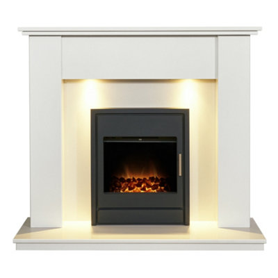 Adam Avila White Marble Fireplace With Alta Electric Inset Stove In Black48 Inch from B&Q