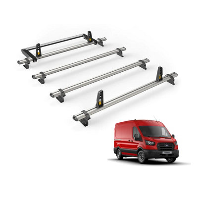 B&Q -  Ford Transit (2014+) Roof Rack 4 Aluminium Roof BarsRear Ladder Roller With LoadstopsUltibar Plus